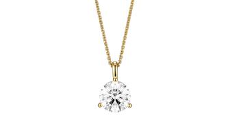 A yellow gold lab-grown diamond pendant from Lightbox, the De Beers-owned brand. Lightbox tested lower prices in the all-important fourth quarter, marking down its standard range of lab-grown diamonds by 25 percent and its “Finest” range by 33 percent. Lightbox lab grown diamond pendant in yellow gold