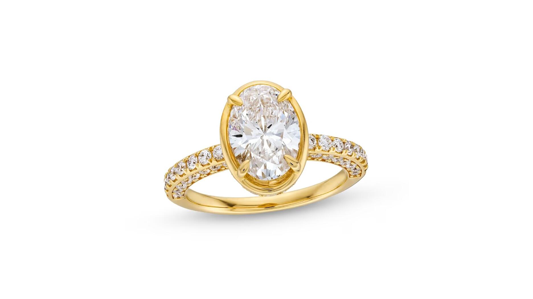 A lab-grown diamond engagement ring by the Vera Wang Love brand at Signet Jewelers-owned banner Zales. Signet posted declining revenue and same-store sales in its first quarter. Vera Wang Love True lab-grown diamond engagement ring
