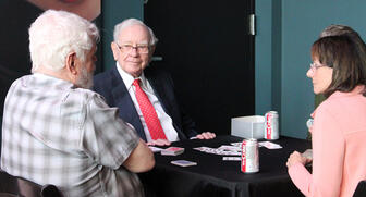 Warren Buffett is seen playing bridge at Borsheims on Sunday. Seated across from him is master bridge player Sharon Osberg, while to her right (partially obscured) is Microsoft founder and longtime Buffett friend Bill Gates. The third gentleman at the table is another champion bridge player, Bob Hamman. (Photo credit: Borsheims) 20180509_Buffett-header.jpg