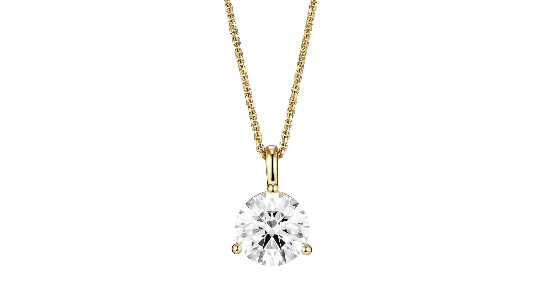 A yellow gold lab-grown diamond pendant from Lightbox, the De Beers-owned brand. Lightbox tested lower prices in the all-important fourth quarter, marking down its standard range of lab-grown diamonds by 25 percent and its “Finest” range by 33 percent. Lightbox lab grown diamond pendant in yellow gold
