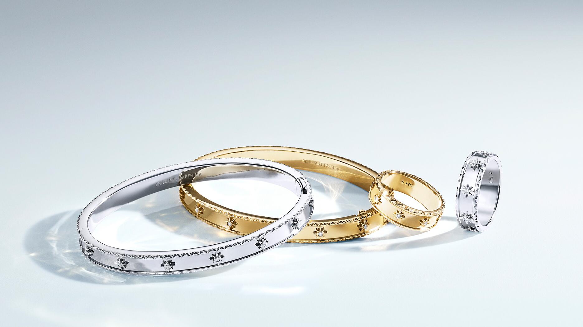 A selection of jewelry from Brilliant Earth’s new “Sol” collection. The company lowered its fiscal outlook in light of industry headwinds, including a slowdown in bridal jewelry sales. Brilliant Earth Sol Collection