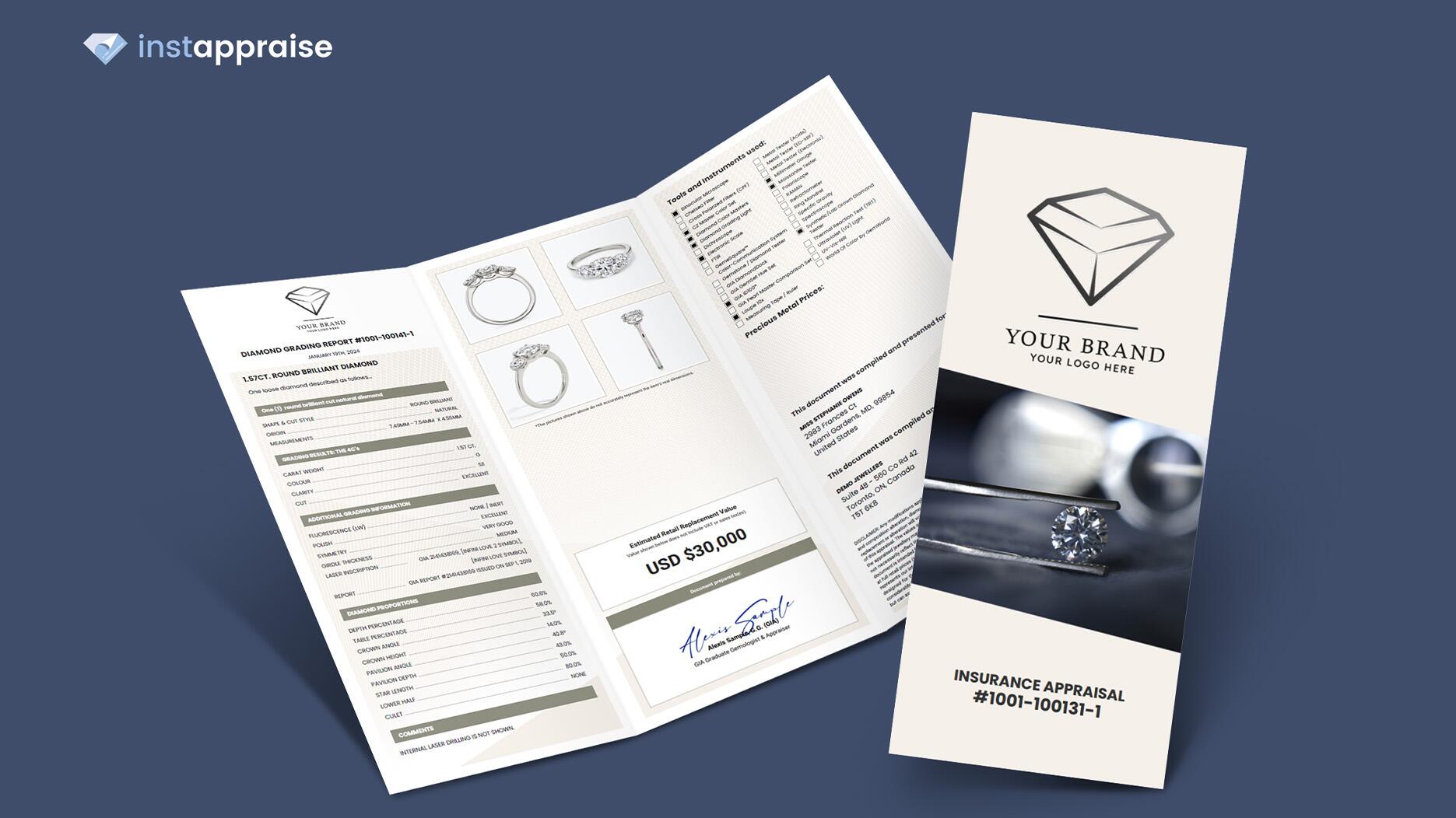 The trifold brochure includes a detailed item description, diamond and gemstone grading scales, diamond plots, and up to four high-resolution images, said the company. There is also a format for timepiece appraisals. Instappraise Trifold Brochure