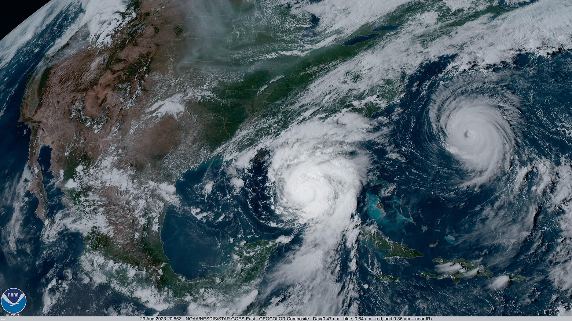 This satellite image from the National Oceanic and Atmospheric Administration captured Hurricane Idalia approaching the western coast of Florida in late August 2023, while Hurricane Franklin can be seen in the Atlantic Ocean. Jewelers Mutual Group is sharing safety tips for jewelers in time for the 2024 hurricane season. National Oceanic and Atmospheric Administration hurricane satellite image