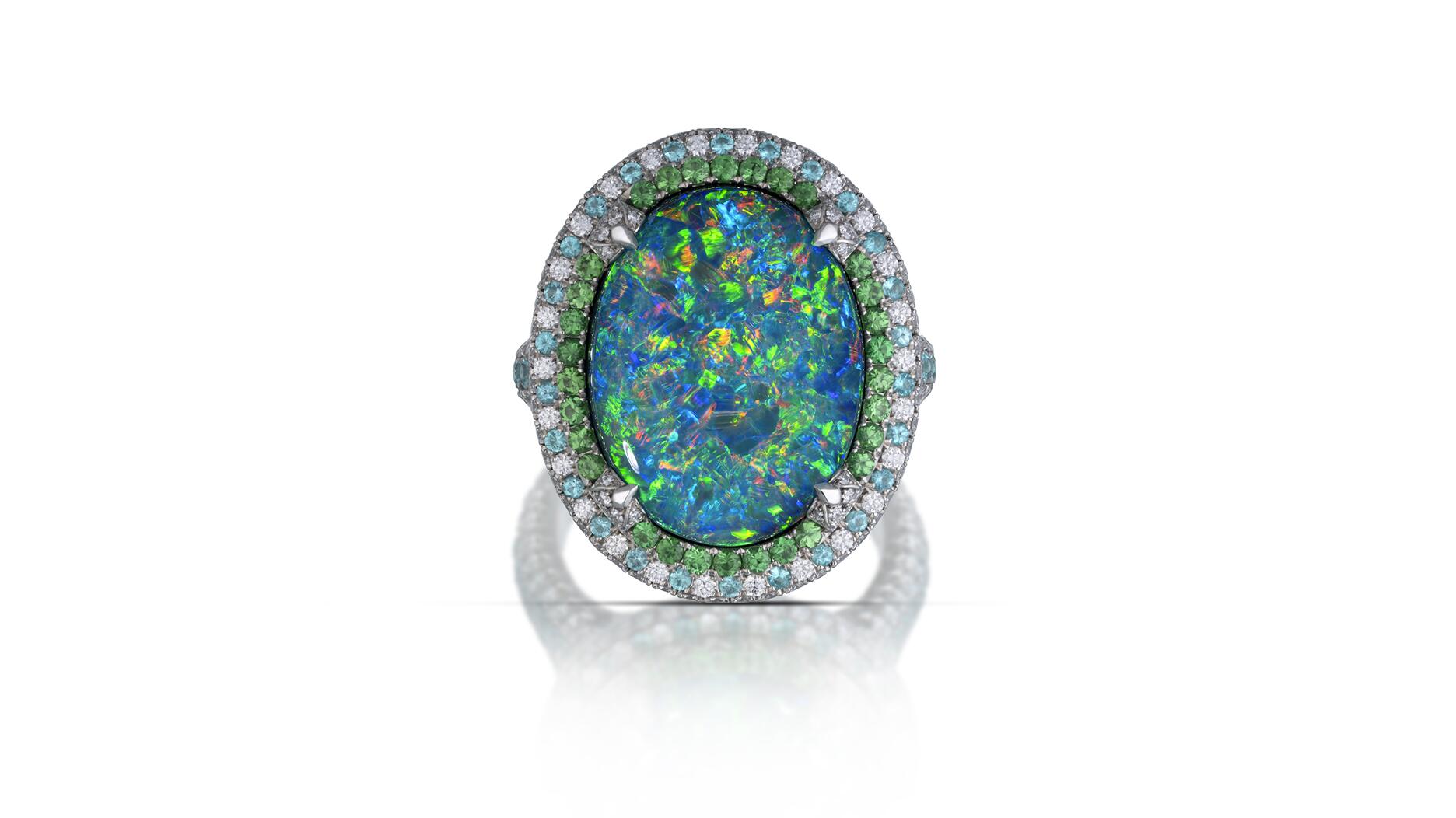 The deadline to enter with early bird pricing is Sept. 20, and the final deadline is Oct. 9. Pictured is last year’s “Best of Show” award winner in the Spectrum division, a platinum ring featuring a 15.22-carat black opal by Niveet Nagpal at Omi Privé. This year marks the 40th anniversary of the jewelry design contest.