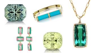 From left to right: A loose Montana sapphire from Kimberly Collins Colored Gems; the "Patchwork" earrings featuring sapphire, topaz and chrysoprase from designer Emily P. Wheeler; Jenna Blake's gold, diamond and turquoise bangle; a loose faceted chrysoberyl from B&B Gems, and a blue-green tourmaline pendant necklace by Lisa Nik colored gemstones