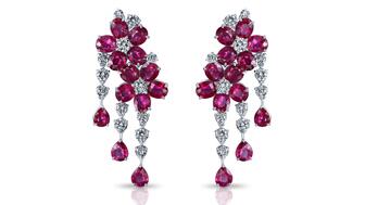These ruby and diamond earrings by Dena Kemp ($135,000) are among the 19 pieces in this Amanda’s Style File celebrating July’s birthstone, the ruby. Dena Kemp ruby earrings