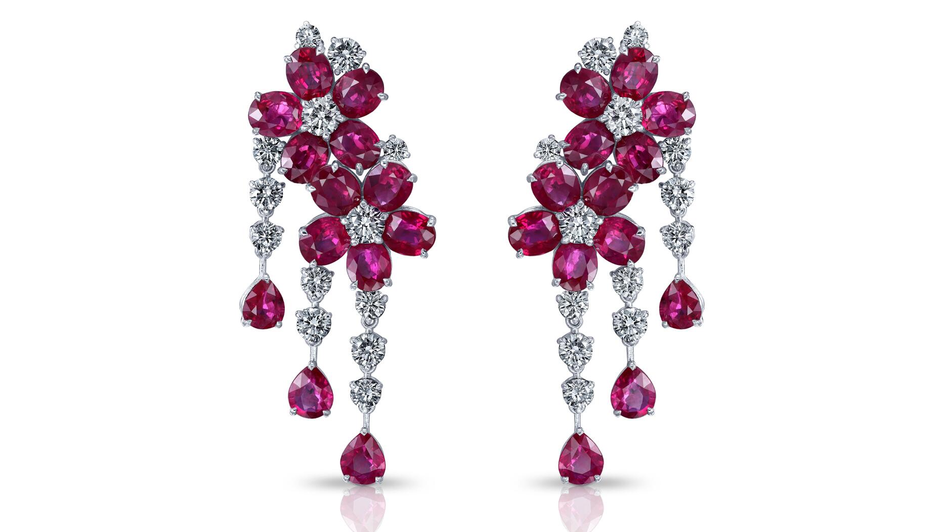These ruby and diamond earrings by Dena Kemp ($135,000) are among the 19 pieces in this Amanda’s Style File celebrating July’s birthstone, the ruby. Dena Kemp ruby earrings