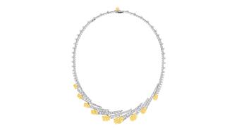 Graff’s 25 new high jewelry pieces turn diamonds, gemstones, and precious metals into wearable architectural art forms, said Graff Design Director Anne-Eva Geffroy. Graff’s fancy yellow and white diamond necklace