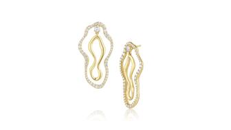 The 14-karat yellow gold “Sculptural Freeform” earrings by Marrow Fine feature a round-cut diamond at the top of each earring and pavé diamonds along the outer shape ($7,950). Sculptural Freeform Earrings