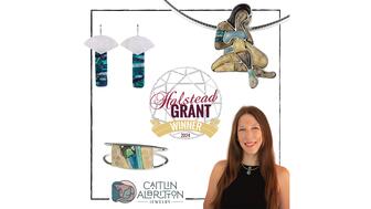 Caitlin Albritton’s signature pieces are inlaid figures of women. Her collections also include stone inlay rings, pendants, cuffs, and earrings. Collage of Caitlin Albritton and her jewelry