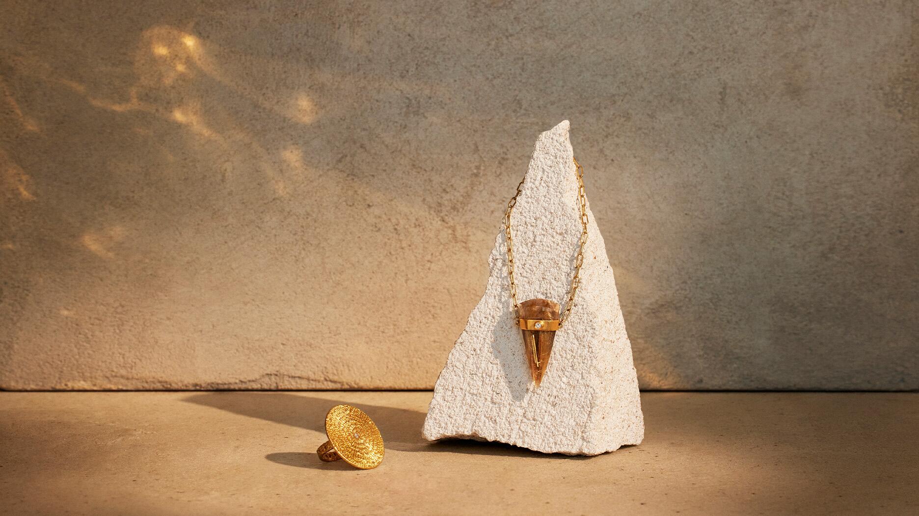 Brands in the Curated at Luxury Lifestyle segment will benefit from education sessions and one-on-one meetings with industry consultants Liz Kantner and Robin Kramer. Pictured here are the “Sun Goddess Supreme” ring and “Pyramid Rutilated Quartz” necklace by Sunlit Fine Jewelry, an exhibiting brand. Sunlit’s Sun Goddess Supreme Ring and Pyramid Rutilated Quartz Necklace