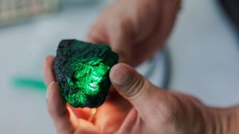 This 835-carat emerald is one of the lots that sold in Grizzly Mining’s July auction. Grizzly emerald