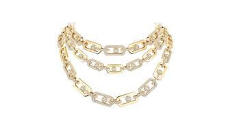 This necklace from Messika’s “So Move Max” set is made of yellow gold with 19.18-carats of brilliant-cut diamonds and designed with circle motifs that move within the links (price upon request). Messika’s So Move Max Necklace