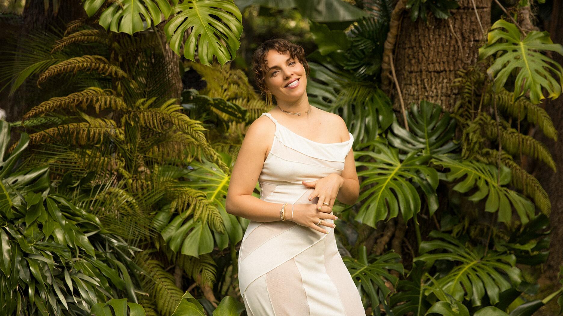 L.A.-based flower designer, Sophia Moreno-Bunge models Guzema’s “Hidden Beauty” collection in front of a garden in Rustic Canyon in Santa Monica, California. Sophia Moreno-Bunge of Isa Isa modeling Guzema’s Hidden Beauty collection