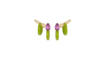 These “Double Loop” earrings feature a drop-cut amethyst sitting atop the lower hoop, totaling 1.60 carats between both earrings. The hoops are made of silver covered in “pistacchio” colored enamel, while 9-karat yellow gold holds the stones in place and connect the two hoops behind the earlobe ($1,770). Bea Bongiasca’s Double Loop Earrings