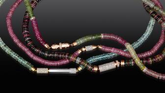 The collection features 13 strand, tennis, and bolo necklaces that can be customized with four different “vice” clasps. 4 Vices and Reverberations Necklaces