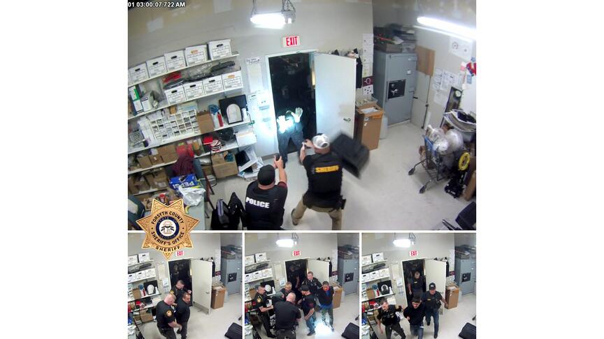Authorities have arrested three men believed to be connected to a string of burglaries in jewelry stores across the U.S. (Image courtesy of the Forsyth County Sheriff’s Office) Surveillance footage of Black Bin Crew thieves arrest