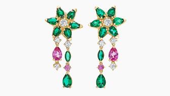 A pair of 14-karat yellow gold “Bloom” drop earrings set with lab-grown diamonds, pink sapphires, and emeralds from Brilliant Earth’s collaboration with designer Logan Hollowell ($3,495). The company posted declining sales in the second quarter and lowered its guidance for the year ahead. Brilliant Earth and Logan Hollowell Bloom drop earrings