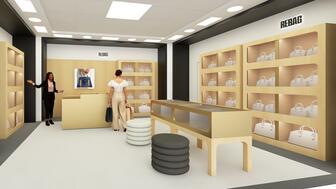 A floor layout rendering of a Rebag handbag section in Bloomingdale’s. The two companies are partnering to bring Rebag’s pre-owned luxury goods to Bloomingdale’s. Bloomingdale’s Rebag handbag section rendering
