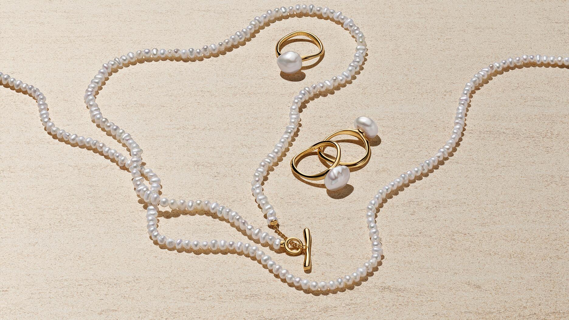 A selection of cultured pearl jewelry from the “Pandora Essence” collection. The company raised its guidance following a strong performance in the first half of the year. Pandora Essence pearl jewelry