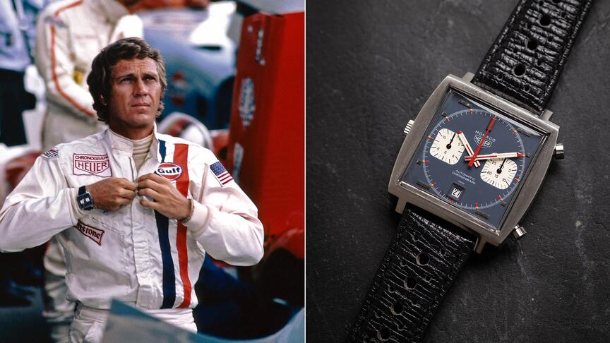 Steve McQueen, left, wearing a Heuer Monaco watch and his Gulf racing suit during the filming of “Le Mans.” One of the Monaco chronographs the actor wore in the 1971 racing film is going up for auction for the first time later this year at Sotheby’s. Pictured at right, the timepiece is expected to sell for between $500,000 and $1 million. (McQueen photo © Mel Traxel, courtesy of TAG Heuer; watch photo courtesy of Sotheby’s) Steven McQueen wearing Heuer Monaco, Heuer Monaco watch