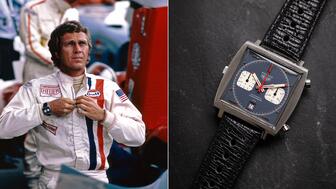 Steve McQueen, left, wearing a Heuer Monaco watch and his Gulf racing suit during the filming of “Le Mans.” One of the Monaco chronographs the actor wore in the 1971 racing film is going up for auction for the first time later this year at Sotheby’s. Pictured at right, the timepiece is expected to sell for between $500,000 and $1 million. (McQueen photo © Mel Traxel, courtesy of TAG Heuer; watch photo courtesy of Sotheby’s) Steven McQueen wearing Heuer Monaco, Heuer Monaco watch