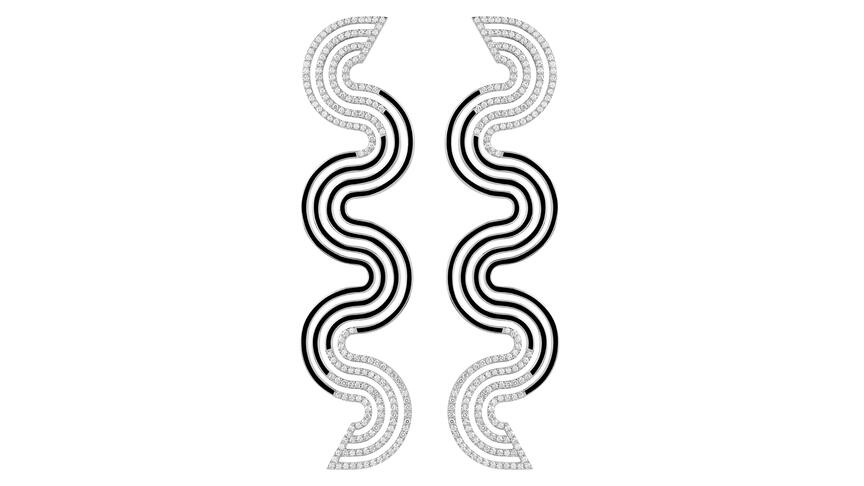 Jewelry with movement is making a move right now, whether it’s pieces with fringe or tassels that feel good to the touch, or jewelry that gives the illusion of motion, like these jet black enamel and diamond “Aldrin” earrings from State Property. State Property diamond and jet black enamel earrings