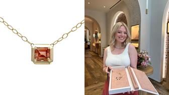 The sunstone “Paloma” necklace (left) is one of seven pieces in Greenwich St. Jeweler’s new capsule collection with TikTok jewelry content creator Xarissa B (right). Xarissa B Greenwich St Jewelers collection