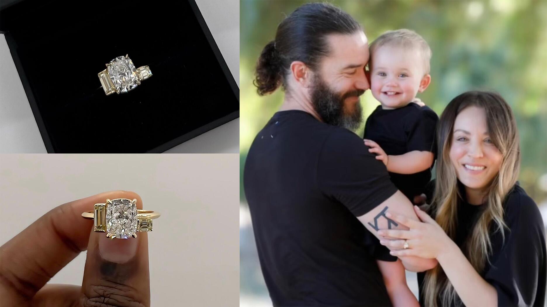 “Ozark” actor Tom Pelphrey proposed to “The Big Bang Theory” star Kaley Cuoco with an 18-karat yellow gold ring featuring a cushion-cut white diamond flanked by two yellow diamonds. (Photo courtesy of the designer’s Instagram @shahlakarimi_jewelry) Kaley Cuoco, Tom Pelphrey, Matilda Pelphrey, and the engagement ring